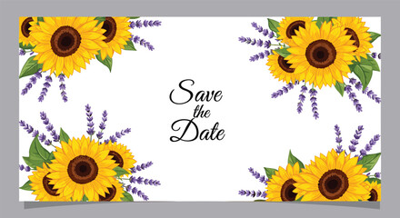 Beautiful 'Save the Date' wedding invitation card template featuring corner bouquets of vibrant sunflowers and delicate purple lavender.