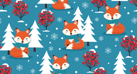 Charming seamless winter pattern featuring cute cartoon foxes wearing scarves in a snowy forest with trees and red berry bushes.