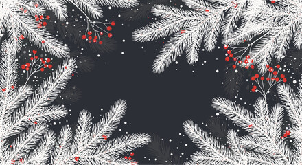 Festive Christmas or winter background with a frame of snow-covered white pine branches and red berries on a dark grey backdrop.
