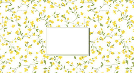 Obraz premium Delicate background with a pattern of small yellow wildflowers and a central blank rectangular frame for text or a message.