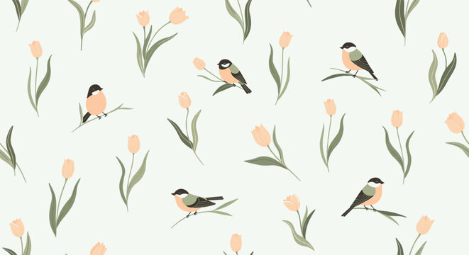 Charming and gentle seamless spring pattern with cute birds perched on branches and soft peach-colored tulips on a pale background.