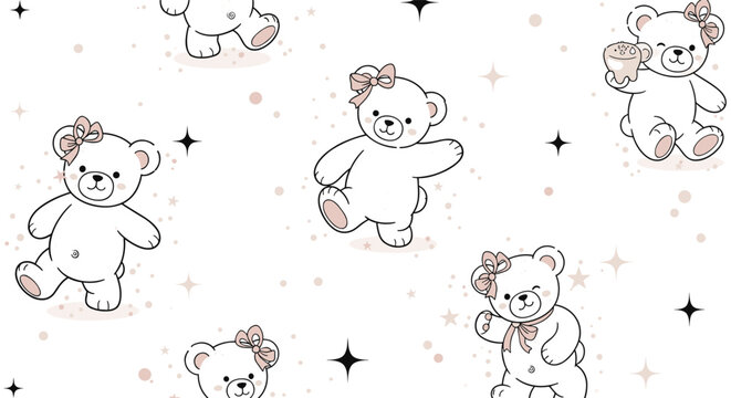 Adorable seamless pattern for children featuring cute white teddy bear girls with pink bows, dancing among stars and sparkles.