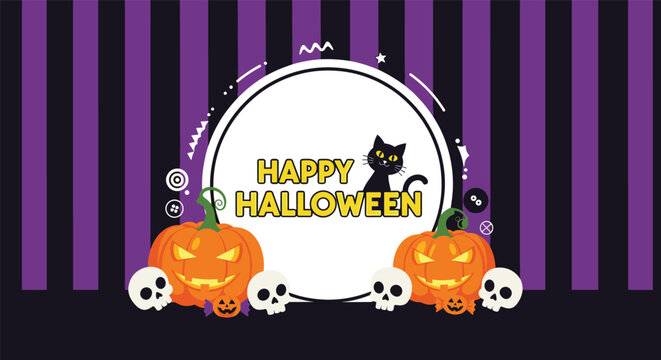 Festive Happy Halloween greeting banner with a central circular frame for text, flanked by spooky jack-o'-lanterns and skulls.