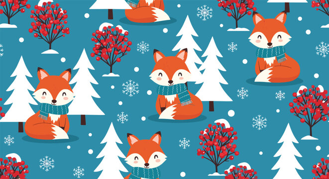 Charming seamless winter pattern featuring cute cartoon foxes wearing scarves in a snowy forest with trees and red berry bushes.
