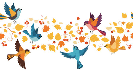 Fototapeta premium A lively seamless border or pattern of colorful birds flying amongst swirling autumn leaves and red berries on a white background.