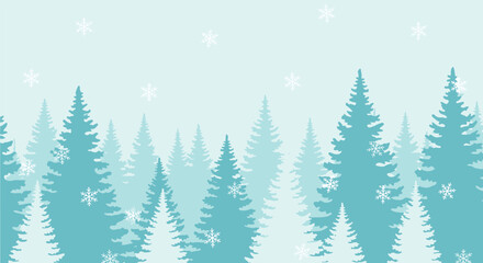 Fototapeta premium A serene and frosty winter background with silhouettes of a pine forest in various shades of blue and falling white snowflakes.