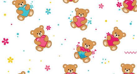 Obraz premium A cheerful and colorful seamless pattern for children with cute teddy bears holding pink and blue hearts among flowers and dots.