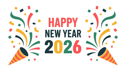 Festive Countdown: Colorful confetti bursts from party poppers, heralding the arrival of a New Year, vibrant graphic, a symbol of hope and celebration.