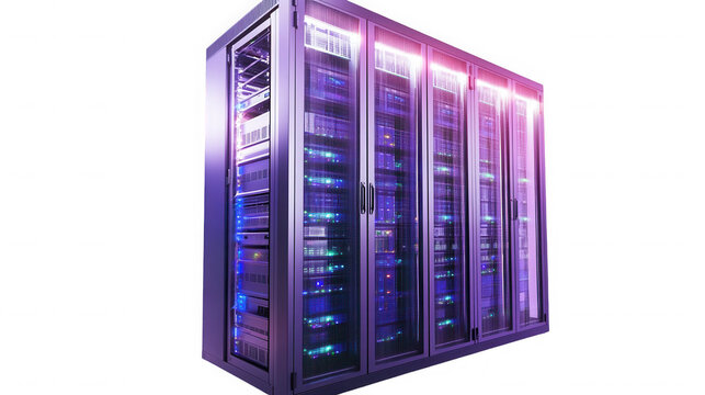 A server rack with glowing lights against a black background on transparent background