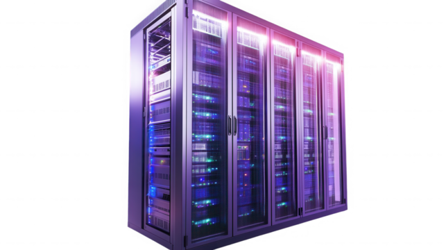 A server rack with glowing lights against a black background on transparent background