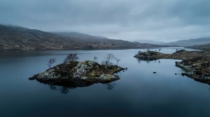 Dramatic Scottish Highlands Landscape with Misty Lake and Rocky Islands Under Overcast Sky.