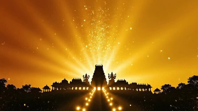 Festival Thaipusam, warm gold-to-amber gradient wallpaper, glowing silhouette of Batu Caves temple at the bottom.