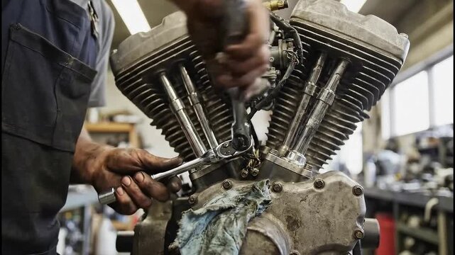 mechanic working on a motorcycle engine.