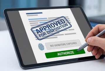 Electronic device displaying 'APPROVED FOR DISPOSITION' and 'BIO-SIGNATURE CAPTURED', symbolizing modern digital security and business automation. Information management concept