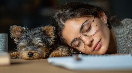 Cute small brown Yorkie puppy and woman