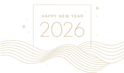 Luxury Minimalist Happy New Year 2026 Greeting Banner with Golden Wave Lines and Sparkles