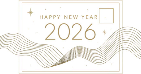 Happy New Year 2026 Minimalist Luxury Gold Greeting Card Banner Design with Abstract Waves and Stars
