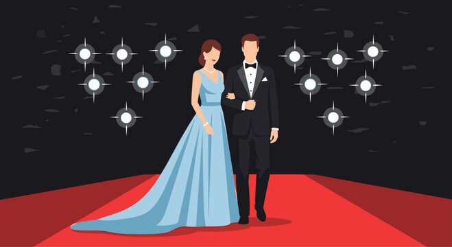 Elegant couple walking red carpet in formal attire, perfect for event promotion or luxury lifestyle branding with a touch of modern sophistication