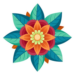 Vibrant geometric flower design with teal leaves isolated on white background