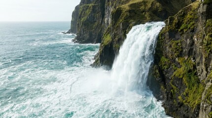 Fototapeta premium Dramatic Waterfall Plunging into the Ocean from a Rugged Cliff Face.