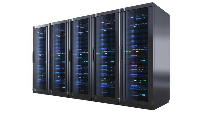 A row of server racks with blue lights against a black background on transparent background