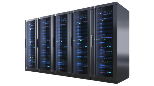 A row of server racks with blue lights against a black background on transparent background