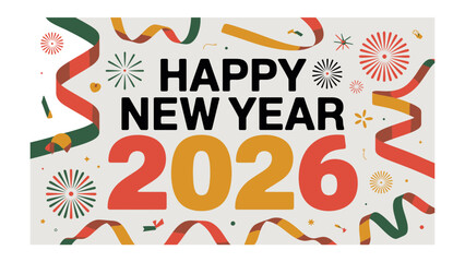 Celebratory Happy New Year 2026: A vibrant and festive design announces the arrival of the New Year 2026 with colorful streamers and a message of joy and anticipation.