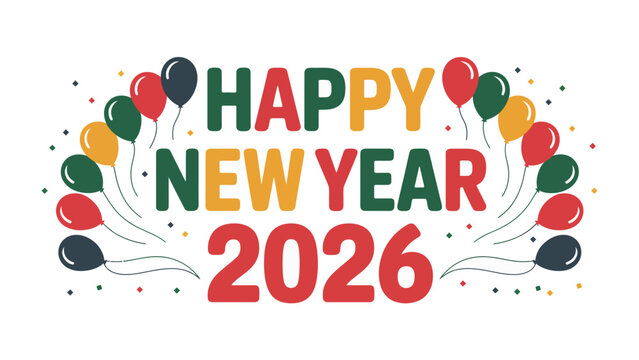 Celebratory Message for a Fresh Beginning: A vibrant design conveys cheerful wishes, featuring balloons and festive typography to ring in the New Year. 