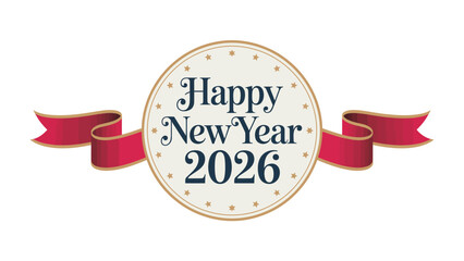 New Year 2026 Celebration: A festive emblem, adorned with a luxurious crimson ribbon and classic typography, extends a warm New Year greeting for the upcoming year of 2026. 