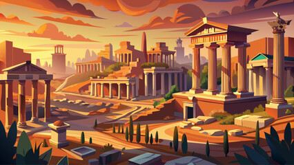 Ultra-realistic illustration of the Roman Forum at sunrise, ancient ruins glowing in warm golden light