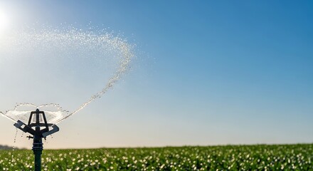 Irrigation system watering a lush green field on a sunny day, promoting sustainable agriculture and efficient water use for healthy crop growth
