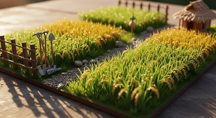 Tranquil miniature rice farm diorama with tools and hut, evoking peaceful rural lifestyle and sustainable agriculture, perfect for promoting nature awareness