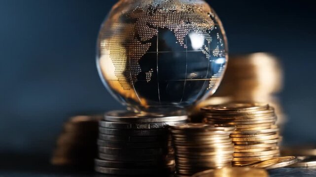 Glass globe on stacked coins financial investment and global economy
