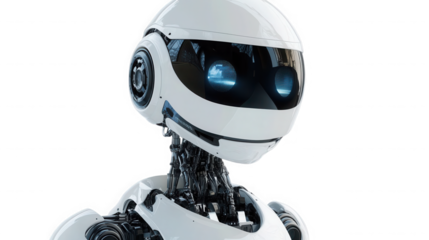 Close up of a white robot with glowing blue eyes on black background on transparent background