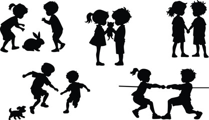 Children and animals silhouette vector set, playful interaction icons, black flavector shapes, friendship and care theme, outdoor activity, white background, childhood moments, pet bonding