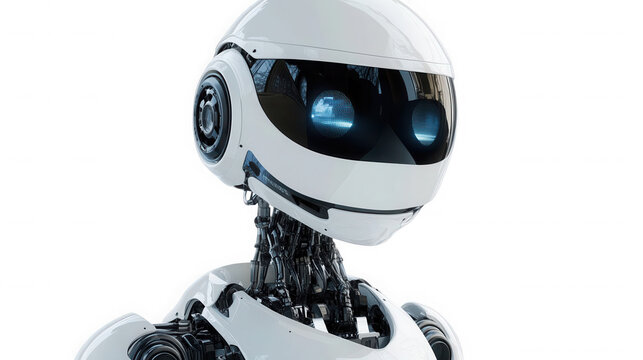 Close up of a white robot with glowing blue eyes on black background on transparent background - Powered by Adobe