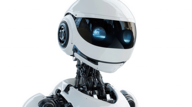 Close up of a white robot with glowing blue eyes on black background on transparent background