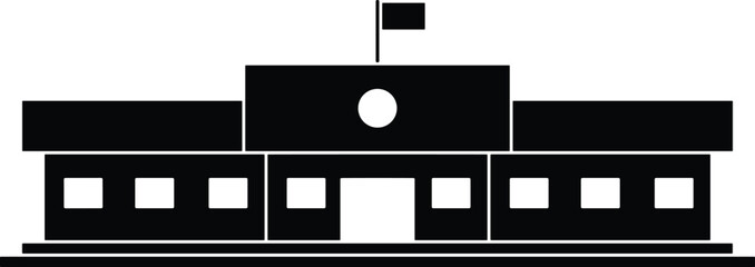 School building silhouette vector, educational institution icon, black structure, flavector, symmetrical design, flagpole detail, classroom symbol, learning center, white background, academic graphic