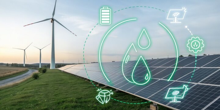 .Renewable Energy Cycle: Showcasing sustainable energy solutions with a vibrant display of interconnected elements. A dynamic visual representation of a green energy cycle.