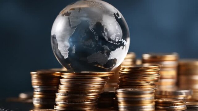 Globe resting on stacks of coins symbolizing global finance and economics