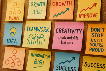 Motivational Sticky Notes on Corkboard: Ideas, Growth, Creativity, and Teamwork