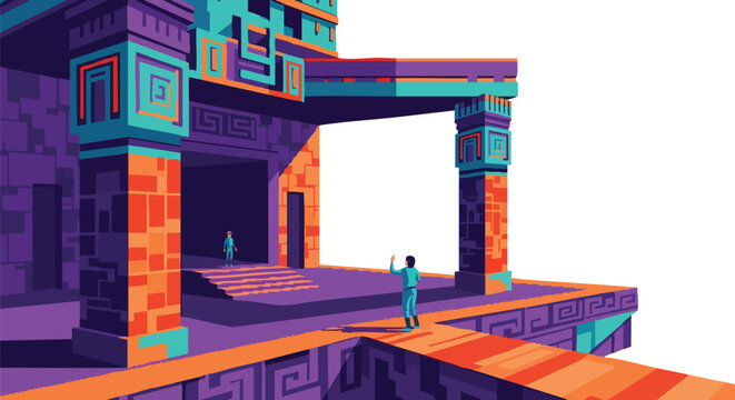 An artistic illustration showcases a vibrant, geometric architectural design with a figure approaching a bright opening, evoking a sense of exploration.