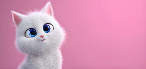 Adorable fluffy white kitten with big blue eyes looking curious on a soft pink background