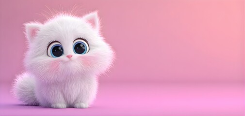 Adorable fluffy white kitten with big expressive eyes sitting on a pink background
