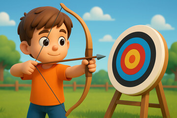 3D cartoon image of a boy practicing archery