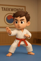 3D cartoon image of a boy practicing taekwondo