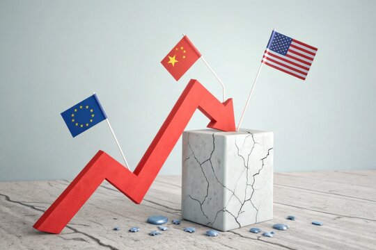 Economic downturn with Flags: Visual representation of financial instability featuring a red arrow pointing downwards, accompanied by flags symbolizing economic regions. - Powered by Adobe