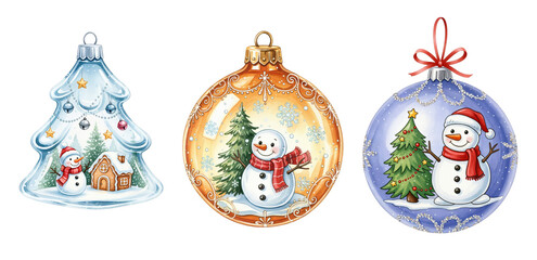 Watercolor illustration of three festive Christmas ornaments, each featuring a unique winter scene with cheerful snowmen and decorated fir trees