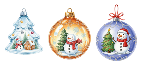 Watercolor illustration of three festive Christmas ornaments, each featuring a unique winter scene with cheerful snowmen and decorated fir trees
