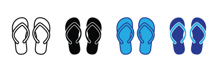 Diverse collection of flip-flop footwear icons and illustrations representing summer, beach, and casual wear, showcasing variety in style and color. isolated on white background